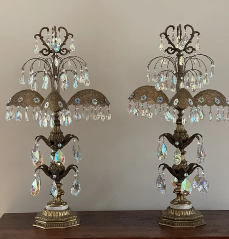 Antique Art Deco Nouveau Palm Frond Crystal Filigree Chandelier Table Lamp Pair Cover