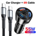55W Multi Port Fast Car Charger Adapter &Cable For Iphone 15 Samsung S24 S23 S22