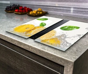 Hob Cover Induction Electric Cooker Chopping Board Glass Set 2 Parts Lemons - Picture 1 of 5