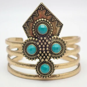 Gold Tone Beaded Hammered Cuff Bracelet Simulated Turquoise Southwestern Boho - Picture 1 of 14