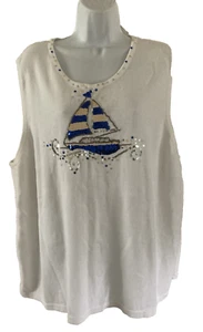 Quacker Factory Sweater Vest Sz 3X White Sailboat Sleeveless Sequin Knit Top NWT - Picture 1 of 10