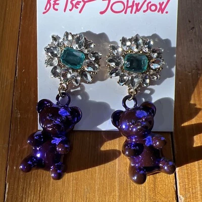 Betsey Johnson Gummy Bear Drop Earrings Purple with Clear Blue Stones Metallic - Image 1 of 4