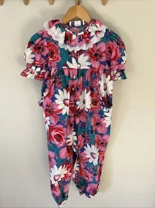Vintage Spring 90s Floral Romper Outfit Button Down Girls Size 5 - Picture 1 of 8