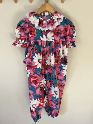 Vintage Spring 90s Floral Romper Outfit Button Down Girls Size 5 - Image 1 of 4