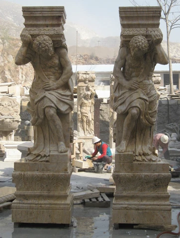 Pair of Hand Carved Travertine Male Figural Columns 106" Cover