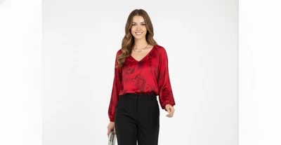 BLUSA TOP HOUSE BLACK MARKET MANGA LARGA CUELLO EN V PEQUEÑA ROJA FLORAL ROSA Foto 1 de 4