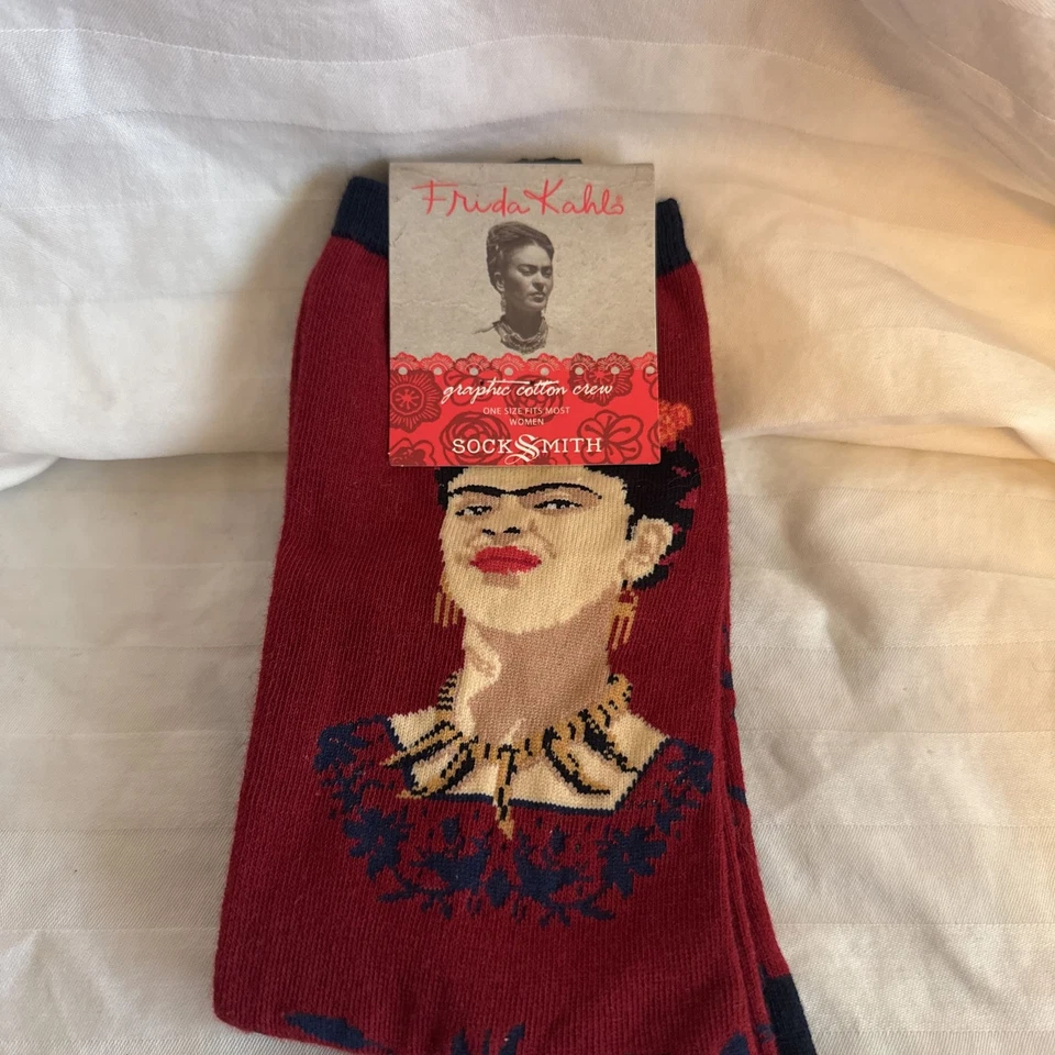 Socksmith Women's Crew Socks Frida Kahlo Portrait Blue & Red Novelty Footwear - Image 1 of 2