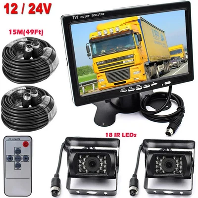 7" Monitor 12-24V Truck Caravan Bus RVs Dual Rear View Parking Backup Camera Kit - Image 1 of 4