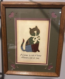 Vintage Cut Out Applique Quilted Cat Wall Art Original Signed Framed 11”x9” - Picture 1 of 4