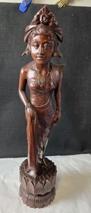 Vtg MCM Balinese 24" Hand Carved Woman Lotus Flower Statue - Picture 1 of 19