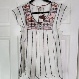 Knox Rose Flutter Sleeve Striped Embroidered Boho Blouse Sz L New - Picture 1 of 5