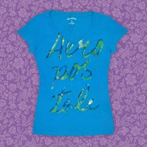2000s Aeropostale Teal Y2k V-Neck Graphic Baby Tee | Size L - Picture 1 of 5