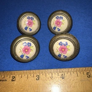 4 Vintage Round Drawer Cabinet Pulls Porcelain & Cast Brass Beautiful Flowers! - Picture 1 of 10