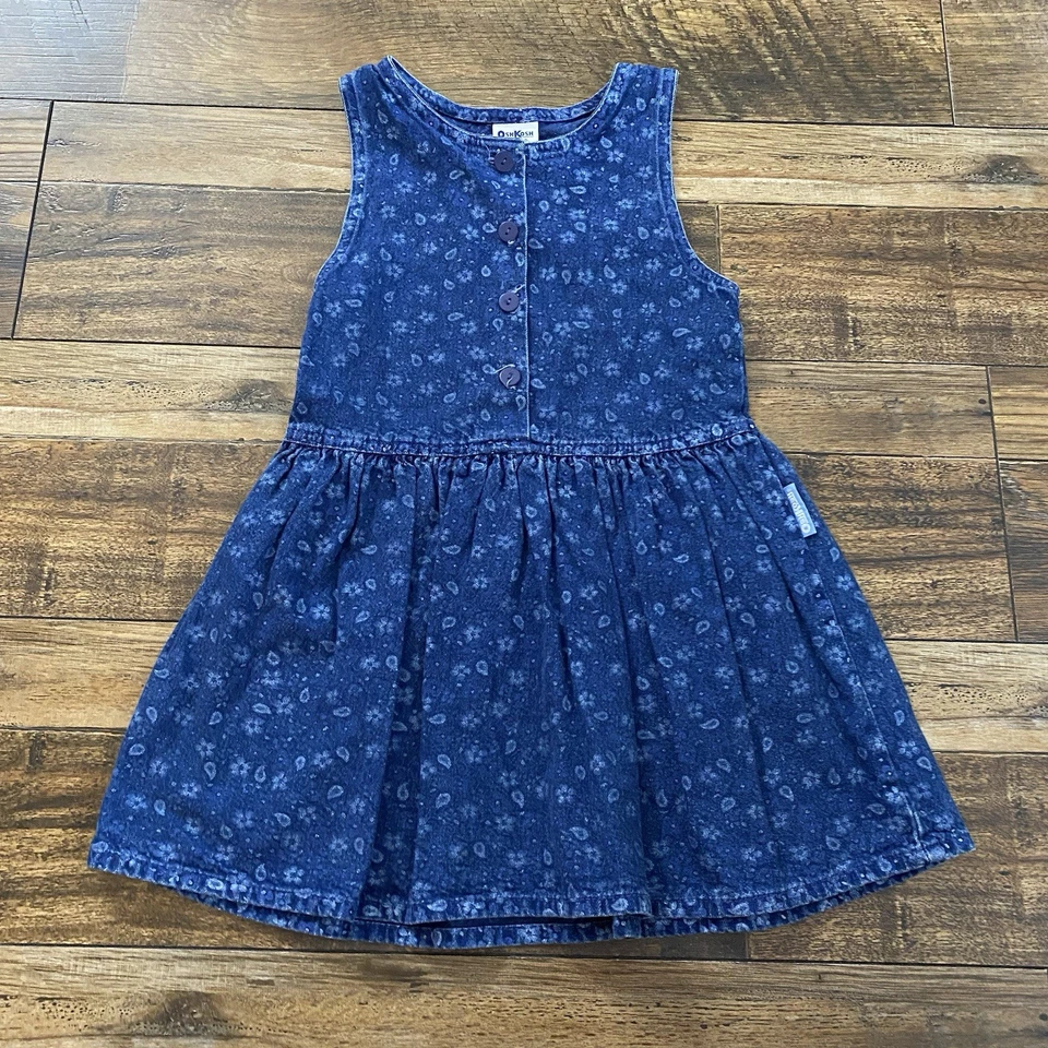 Vintage 90s OshKosh B’Gosh Denim Cotton A Line Button Dress Floral Paisley 5T - Image 1 of 4