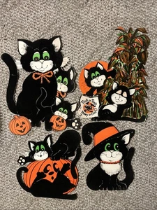 Vintage Die Cuts Halloween Flocked Black Cats On Pumpkins Set Of 4 - Picture 1 of 10