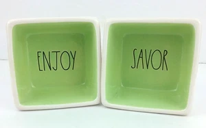 Rae Dunn Savor and Enjoy White Square Ceramic Bowls Lot of 2 Green Inside 3x2" - Picture 1 of 11