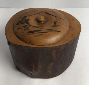 VTG Turned Wood Tea Jar Canister Japan Live Edge Bark Signed Japan Mt. Fuji Lid - Picture 1 of 17