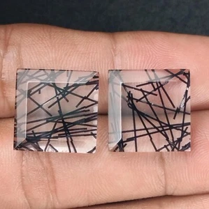 Clear Rutile Quartz Gemstone Square Cabochon Black Rutile Needles - 16x16mm - Picture 1 of 8