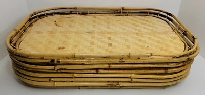 7 Vintage 1980's Handmade Wicker Bamboo Wood 10x14 Serving Trays w Rails  - Image 1 of 4