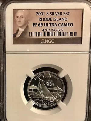 2001 S Silver 25C Rhode Island State Quarter PF69UC  Cameo NGC - Image 1 of 2