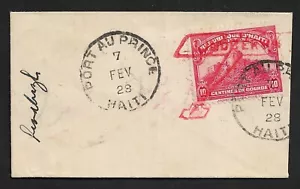 HAITI PORT-AU-PRINCE RED LINDBERGH PLANE CACHET ON 10c STAMP TINY COVER 1928 - Foto 1 di 2