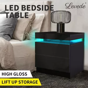 Levede Bedside Tables Side Table 2 Drawers RGB LED High Gloss Nightstand Cabinet - Picture 1 of 11