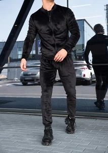 Black velour tracksuit for men, matching loungewear trousers and jumper, luxury - Picture 1 of 5