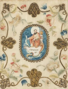 CONTINENTAL RELIGIOUS EMBROIDERY, 18th/19th c. miniature, conservation report b - Picture 1 of 3