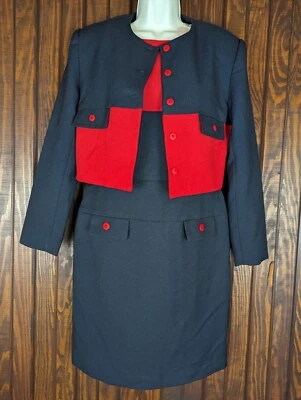 JRT VTG 80s 90s Polyester Red Navy 2 Piece Sheath Dress Jacket NWOT Sz 8 - Image 1 of 4