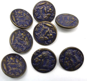 Vtg KY Lion Blue Brass Toned Buttons Shank Round Style Lot of 8 Diameter 1" - Picture 1 of 4