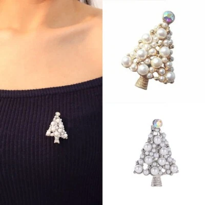 Broche crema imitación perla cristal pin y árbol de navidad diamante tono dorado perla falsa Foto 1 de 4