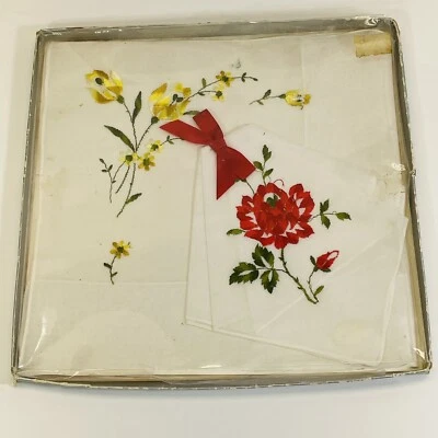 Vintage Red Rose Yellow Handkerchief Hankies Hanky Presentation Box Unused - Image 1 of 4