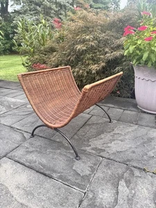Vintage Mid Century Modern Magazine Rack Black Iron & Wicker Rattan 17x15x14” - Picture 1 of 9
