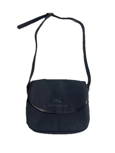 Vtg Longchamp Small Canvas Crossbody Saddle Bag with Strap Navy Blue France USED - Picture 1 of 24