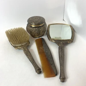 Antiguo juego de tocador eduardiano de 5 piezas cepillo espejo peine tarro y tapa molino de viento holandés - Imagen 1 de 12