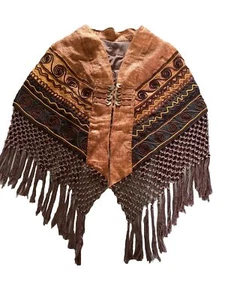 STATEMENT CAPE Fringed Embroidered Shawl Wrap LINEN Lined COGNAC/Blk/Brown OneSz - Picture 1 of 19
