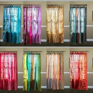 2 Pc of Indian Sari Patchwork Curtain Drape Window Decor Silk Sari Boho Curtain - Picture 1 of 13