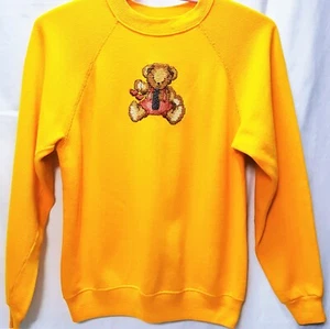 Vintage 80’s Yellow Raglan PREPPY TEDDY BEAR Embroidered Sweatshirt Size L USA - Picture 1 of 4