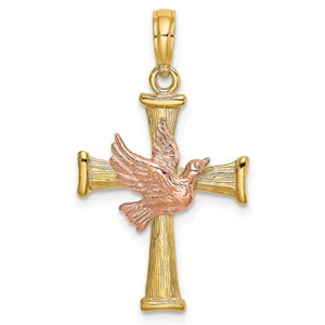 14K Rose Gold Dove On Textured Yellow Gold Cross Pendant - Picture 1 of 2