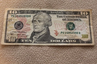 2017A $10 Dollar Bill.  Heavy Inking Smear on Serial Numbers.  Lot 34 - Image 1 of 4