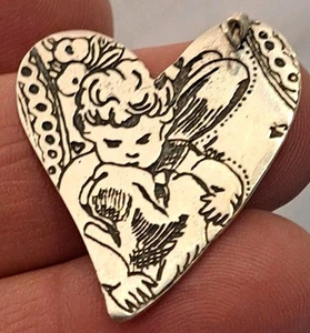 Vintage Sterling Silver Figural WINGED FAIRY HEART Pendant 1.55" Handmade NICE - Picture 1 of 6