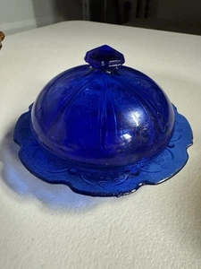 4454 Jeannette Cobalt Blue Glass Cherry Blossom Rnd Covered Butter Dish 1930-39 - Picture 1 of 8