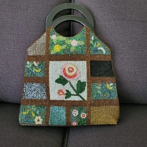 VTG Beaded Purse Floral Block Pattern Plastic Circle Handles Inside Pocket Retro - Picture 1 of 20