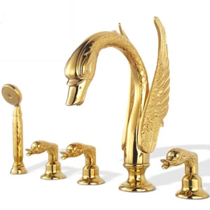 5-teiliges Waschbecken Wasserhahn Set Goldener Schwan Badewanne Wasserhahn Dusche Handspritze Mixer Wasserhähne - Bild 1 von 7