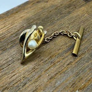 Vintage MCM wishbone with pearl tie tack pin gold tone - Picture 1 of 4