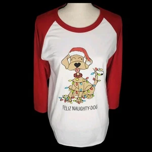 Camiseta de béisbol Christmas Feliz Naughty Dog manga raglán adulto MED - NUEVA SIN ETIQUETAS - Imagen 1 de 8