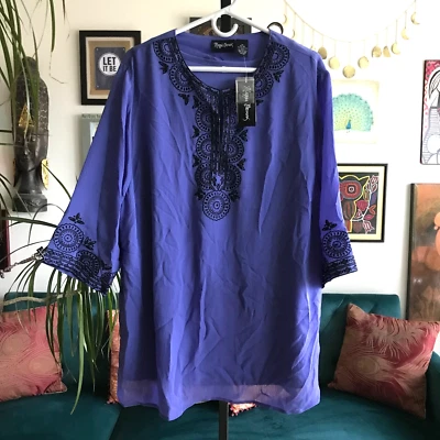 Túnica MAGGIE BARNES talla 1X azul bordada bohemia de gasa forrada nueva con etiquetas Foto 1 de 4