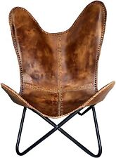 Antique Handmade Leather Lounge Butterfly Chair Full Folding Relax Arm Chair 