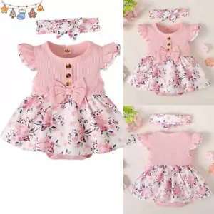 Newborn Baby Girls Floral Bow Princess Dress Headband Set Birthday Party Outfits - Picture 1 of 10