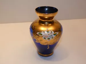 Impresionante jarrón pequeño de vidrio veneciano, tono dorado, flores multicolores, azul - Imagen 1 de 6